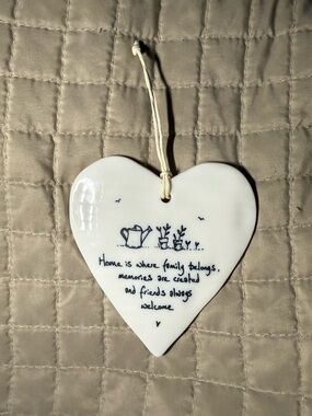 White Heart Ceramic Hanging Sign with Navy Script and Garden Doodles